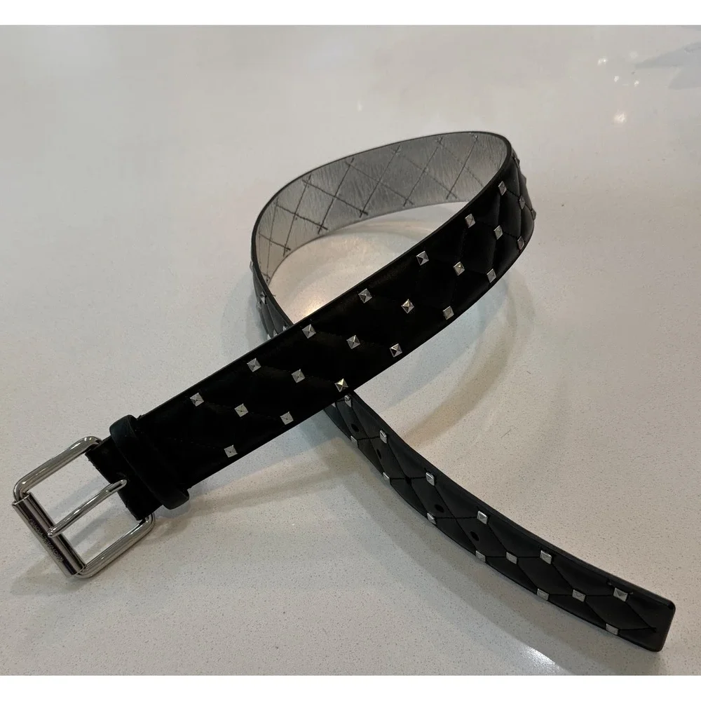 Michael Kors Black Quilted Studded Belt Silver Buckle Punk Medium Mens Womens